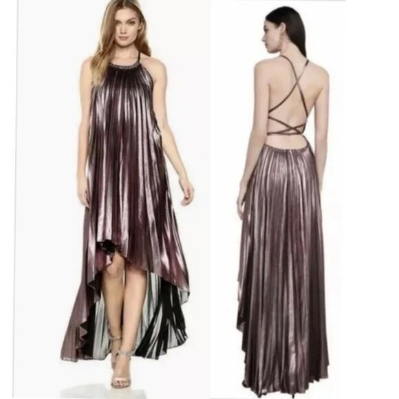 BCBGMAXAZRIA Dresses & Skirts - BCBG MAXAZRIA VALARIE Metallic Pleated Halter Gown Hi-Low Dress Size M NWT $368